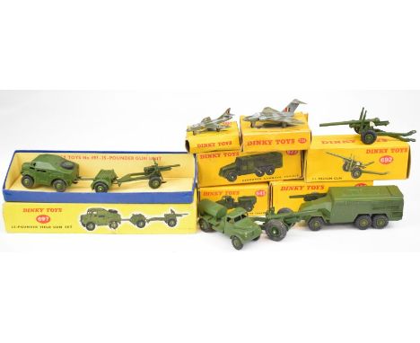 Seven Dinky Toys diecast military vehicles comprising Army Water Tanker 643, Armoured Command Vehicle 677, 5.5 Medium Gun 692