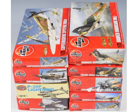 Nine Airfix 1:72 scale model aeroplane kits to include Hawker Hurricane Mk.1 A0101A, Focke-Wulf Fw190-A8 A01020A and Supermar