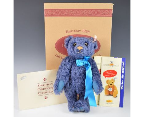 Steiff 1998 Kober Teddy bear with blue mohair, growler, disc jointed limbs and stitched features, limited edition 852 of 1500