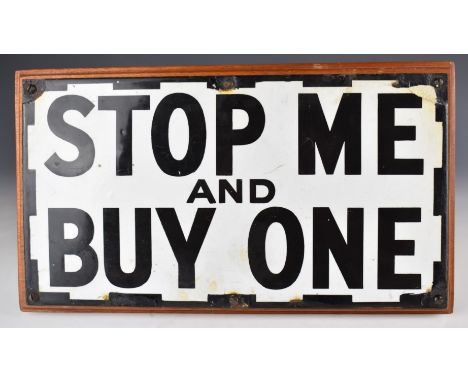 Walls ice-cream bicycle, 'stop me and buy one' vintage enamel advertising sign, 18 x 33cm, mounted on wooden stand
