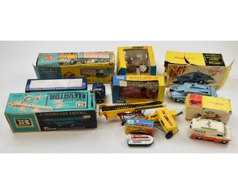 Seven diecast model cars and trucks by Corgi, Dinky, Matchbox etc to include Massey Ferguson 165 Tractor with Saw Attachment 