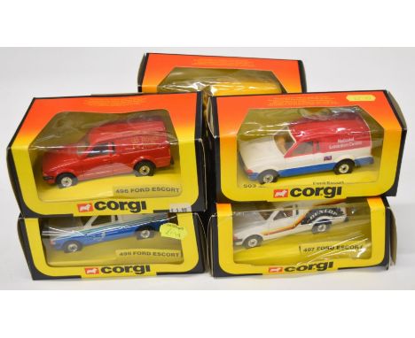 Seven 1970's diecast model Ford Escort vans to include Dunlop 497, British Gas 498 and Radio Rentals 503, all in original box