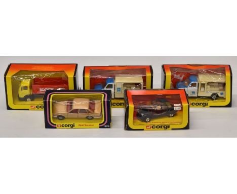 Five Corgi diecast model cars to include Opel Senator 329, Citroen 2cv Charleston 346 and Ford Transit Dairy Crest 405, all i