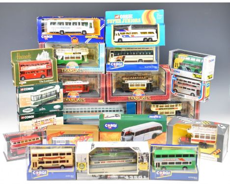 Nineteen Corgi diecast model buses and trams to include PCC Streetcar Washington D.C 55009, London Transport Silver Jubilee B