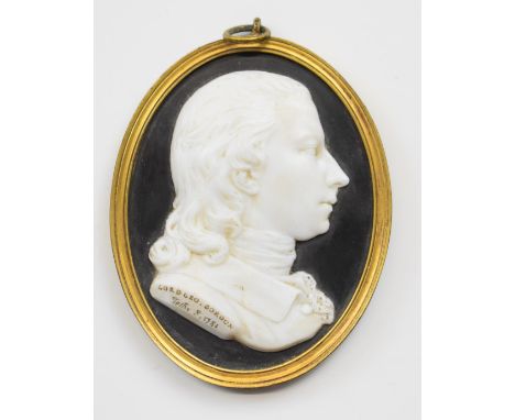 James Tassie Georgian hardstone cameo portrait of Lord Byron, George Gordon, signed, titled and dated 1781, 8 x 6.5cm, in gil