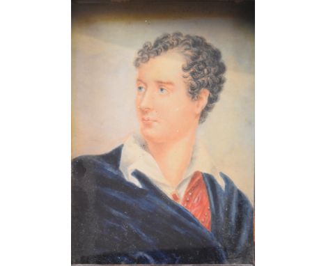 Watercolour portrait miniature on card of Lord Byron, 12 x 9cm, in gilt and ebonised frame