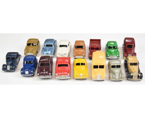 Fifteen Dinky diecast model cars to include Riley, Daimler Ambulance, Austin Devon, Studebaker, Rover 75, Hillman Minx, Jagua