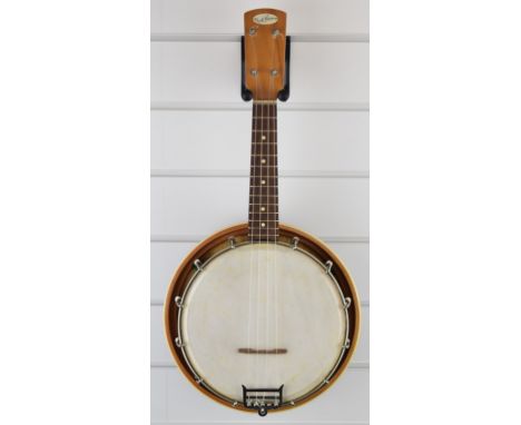 Dick Barrie 1950s resonator banjolele with segmented mahogany back, length 57cm, in hard carry case