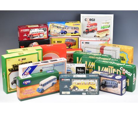 Twenty-one Corgi diecast model bus boxed sets to include The Beatles Magical Mystery Tour Bus 35302, Titfield Thunderbolt 338