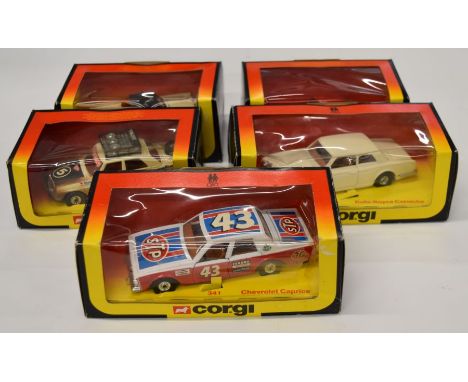 Five 1970's Corgi diecast model cars comprising Mercedes 240 291, Rolls-Royce Corniche 279, Chevrolet Caprice 341, Ford Thund