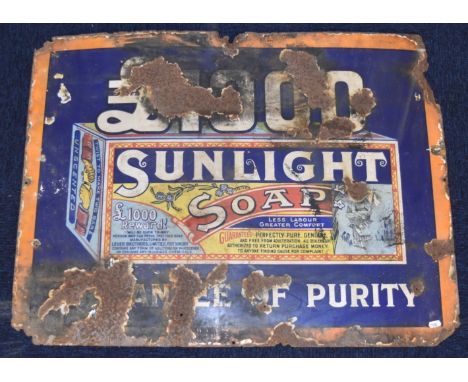 Sunlight Soap &pound;1000 Guarantee of Purity vintage enamel advertising sign, 69 x 91cm