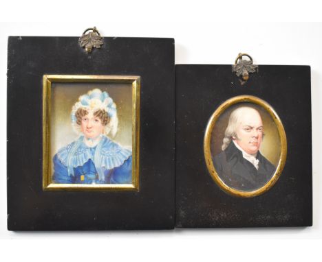 19th century portrait miniatures on ivory of a lady and gentleman, in formal period dress, larger 8.5 x 7cm, both framed, wit