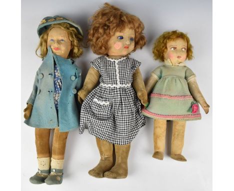 Three Chad Valley or similar felt covered dolls to include a Bambina doll in a black and white chequered dress, tallest 46cm.