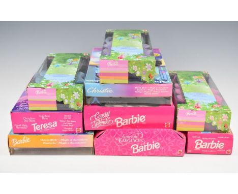 Nine Mattel Barbie dolls including Crystal Splendor 15136, Emerald Elegance 12322 and Mermaid 1434, all in original boxes.