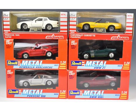 Six Revell and Majorette 1:24 scale diecast model sports cars to include Porsche 956 8604, BMW Z1 8624 and Chevrolet Corvette