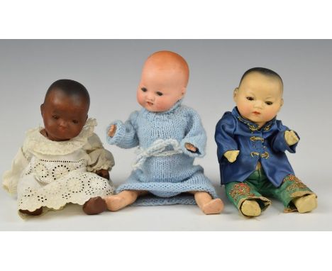 Three Armand Marseille bisque headed Dream Baby dolls with weighted eyes, tinted cheeks, painted lips and jointed composite l