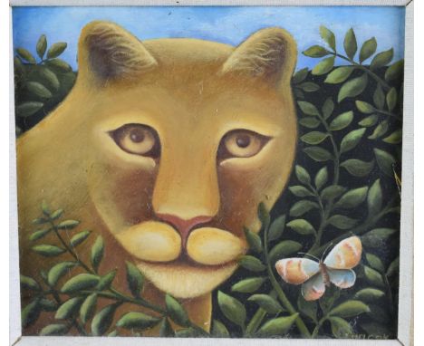 Jerzy Marek (Polish 1925-2014), oil on board 'Meeting', portrait of a lion with butterfly, signed lower right and titled, sig