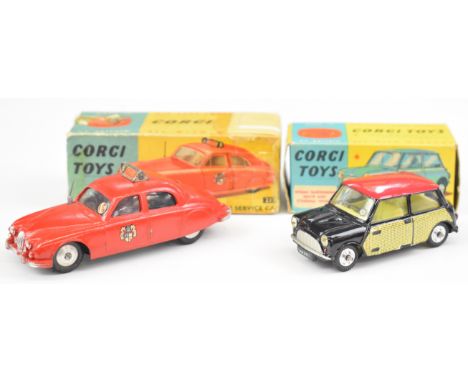 Corgi Toys diecast model 2.4 Jaguar 'Fire Service' Car 213 and Morris Mini-Cooper 249, both in Corgi boxes.