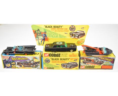 Three Corgi Toys TV related diecast vehicles comprising Batmobile 267, Batboat 107 and Green Hornet 'Black Beauty' 268, all i