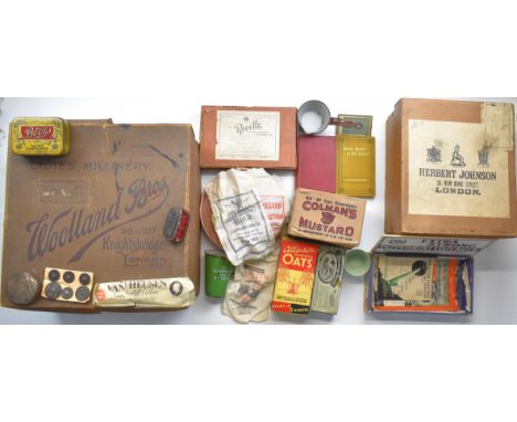 Ephemera and vintage packaging including Wolland Bros and Herbert Johnson hat boxes, baby feeder in original box, enamel Alle