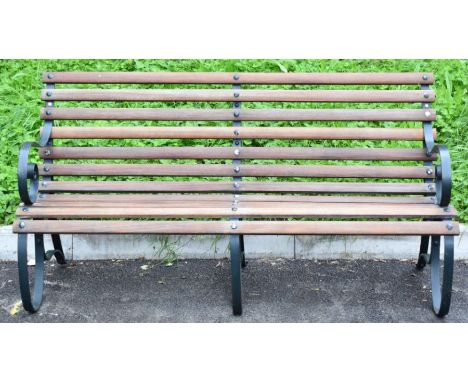 Circa 1930s vintage teak and wrought iron garden bench, W150 x H75cm