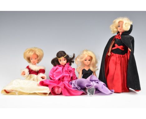 Four vintage Sindy dolls with outfits comprising Emanuel Scarlet Lady, High Society, Misty Mauve and Beauty Queen.