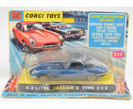 Corgi Toys diecast model 4.2 Litre Jaguar 'E' Type 2+2 car with dark blue body, black interior and silver trim, 335, in origi