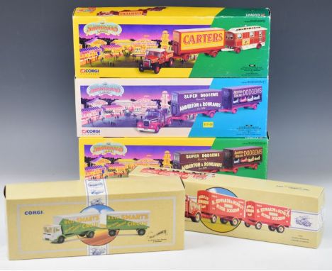 Five Corgi diecast model lorries with circus or funfair themes, to include Scammel Highwayman Generator with closed pole trai