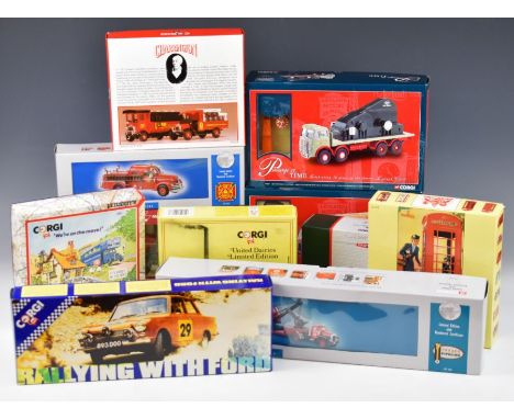 Ten Corgi Toys diecast model trucks, lorries and cars in limited edition boxed sets to include Mack B Series Lowboy &amp; Luf