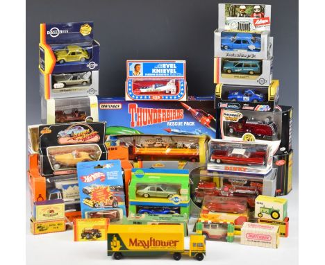 A collection of diecast cars, trucks and lorries to&nbsp; include Matchbox Tractor Transporter K-20, Ideal Evel Knievel Sky C