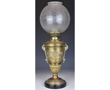 Victorian oil lamp with brass Aesthetic style body, improved duplex burner and etched globe shaped shade, height 54cm