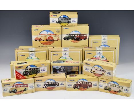 Eighteen Corgi Commercials and similar diecast model Bedford OB Coach or buses, liveries include Granville Tours 97108, Yello
