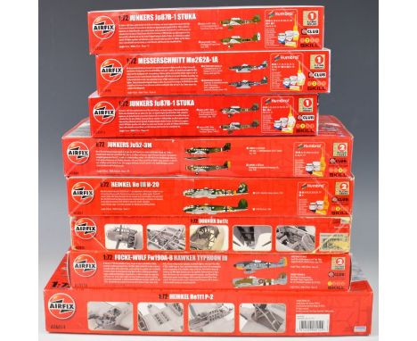 Seven Airfix 1:72 scale model aeroplane kits to include Dornier Do17z A05010, Messerschmitt Me262A-1A A03088 and Junkers Ju52