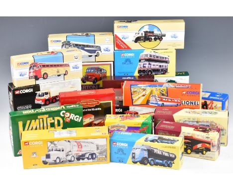 Nineteen Corgi diecast model buses, lorries and trucks from the Classic, Heritage and similar collections, all in original bo