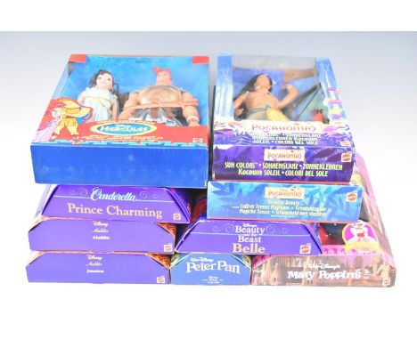 Nine Mattel Disney character dolls to include Peter Pan 10719, Aladdin 2548, Mary Poppins 10313 and Beauty and the Beast Bell