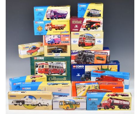 Eighteen Corgi Classics and similar range diecast model cars, truck and buses to include Pickfords Scammell Highwayman Low Lo