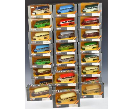 Twenty-six Corgi Classics diecast model Bedford type OB coaches or buses, liveries include Wallace Arnold, Royal Blue, Greens
