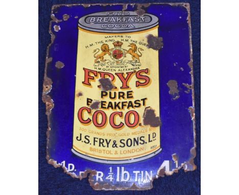 Fry's Pure Breakfast Cocoa vintage enamel advertising sign, 61 x 45cm