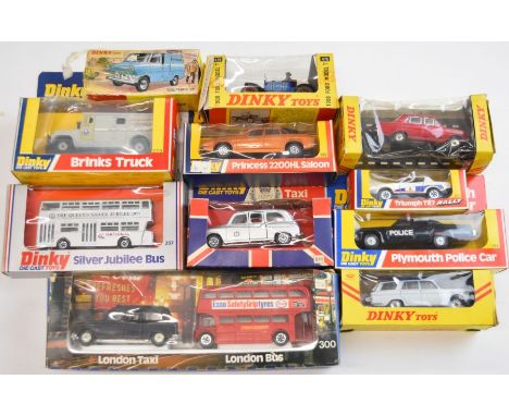 A collection of eleven vintage Dinky Toys diecast model vehicles to include Plymouth Police car 244, Triumph TR7 Rally 207, 1
