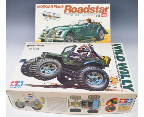 Tamiya Wild Willy M28 1:10 scale radio control stunt vehicle kit 5835 together with an LS 1:16 scale Morgan Plus 8 Roadster C