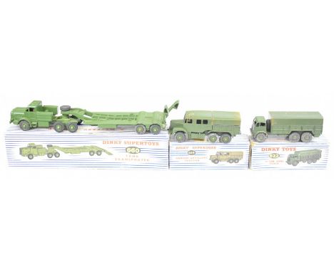 Three Dinky Toys diecast military vehicles comprising 10-Ton Army Truck 622, Recovery Tractor 661 and Medium Artillery Tracto