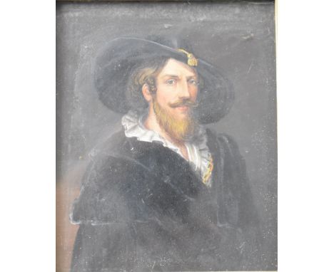 Watercolour portrait miniature on card after Sir Peter Paul Rubens self portrait, titled verso, 16 x 13cm, in gilt and ebonis
