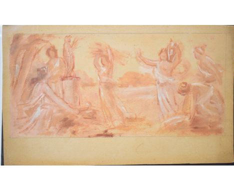 Attributed / manner of&nbsp;Pierre Puvis de Chavannes (French, 1824-1898), oil on paper sketch of classical figures in a gard