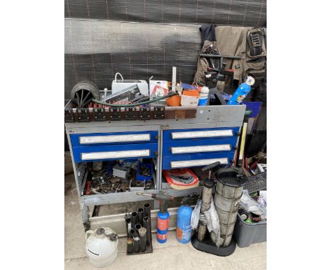 A WORK SHOP UNIT AND A LARGE ASSORTMENT OF TOOLS TO INCLUDE SOCKETS AND AN AXEL STAND ETC 
