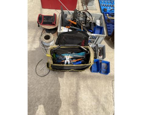 AN ASSORTMENT OF TOOLS TO INCLUDE SPANNERS, HAMMERS AND COMPRESSOR ATTATCHMENTS ETC 