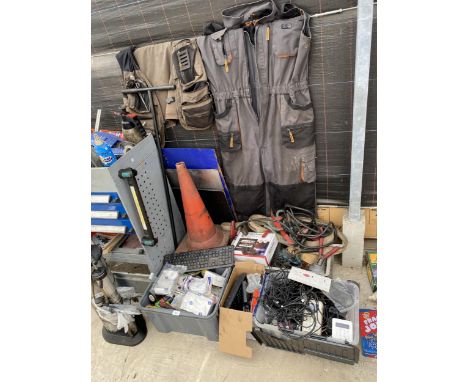 A LARGE ASSORTMENT OF ITEMS TO IHNCLUDE OVERALLS, TOOLS AND ELECTRONICS ETC 