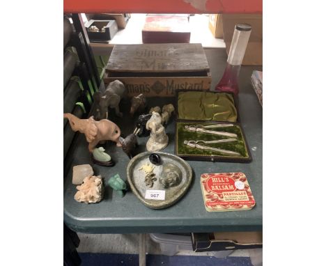 A LARGE QUANTITY OF STONEWARE ELEPHANTS TO INCLUDE JADE STYLE, A HIPPOPOTAMUS BOWL, JADE STYLE SWAN, VINTAGE COLMAN'S MUSTARD