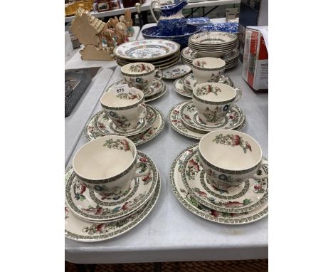 A QUANTITY OF JOHNSON BROS 'INDIAN TREE' PATTERN TEAWARE TO INCLUDE VARIOUS SIZED PLATES, BOWLS, CUPS, SAUCERS AND SIDE PLATE