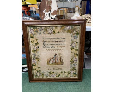 AN ANTIQUE MAHOGANY FRAMED TAPESTRY SAMPLER, 85 X 76CM 