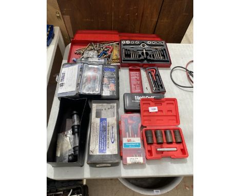 A LARGE ASSORTMENT OF MECHANICS TOOLS TO INCLUDE TAP AND DIES AND THREAD REPAIR KITS ETC 